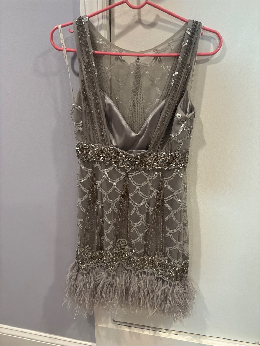 SUE WONG Beaded Feather Hem Cocktail Dress - SILVER - Picture 3 of 6